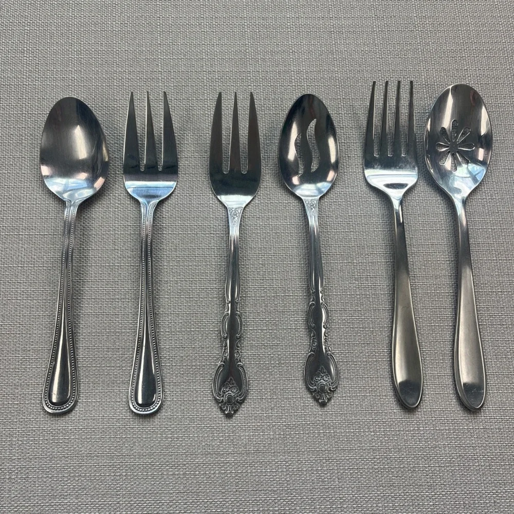 3 Sets of Serving Utensils (Spoons and Forks) Silver Stainless Steel Mixed‎ Lot